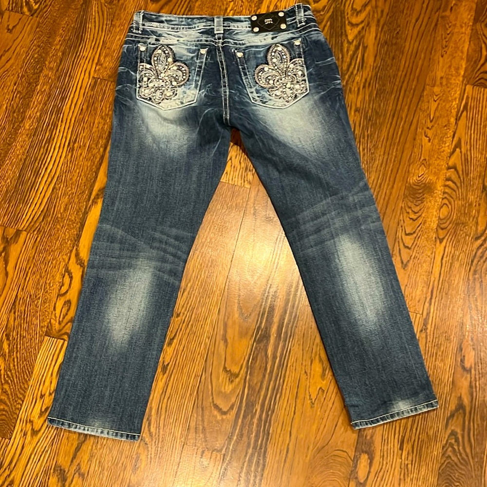 Miss Me Embellished Fleur-de-Lis Back Pocket Dark Blue Jeans